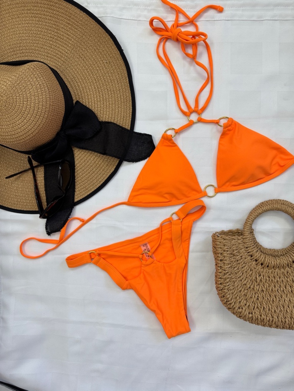 ☀️Bundle 2 for $10☀️ Orange Ring-Accent Triangle Bikini Set with Sassy Cutouts